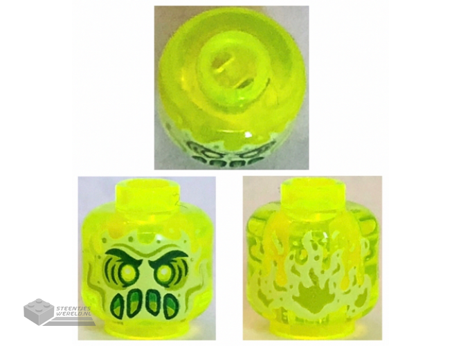 28621pb0011 - Minifigure, Head Alien Ghost with Yellowish Green Face, Slime Mouth and Flames in Back Pattern - Vented Stud