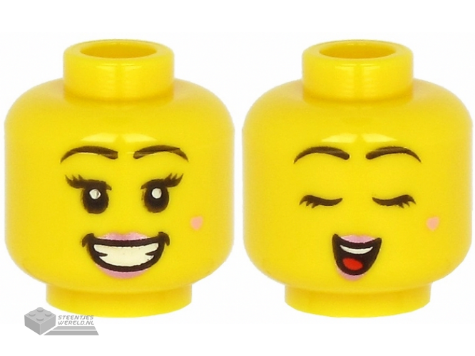3626cpb2634 – Minifigure, Head Dual Sided Female Black Eyebrows, Metallic Pink Lips, Beauty Mark, Open Mouth Smile with Teeth / Closed Eyes Singing Pattern – Hollow Stud