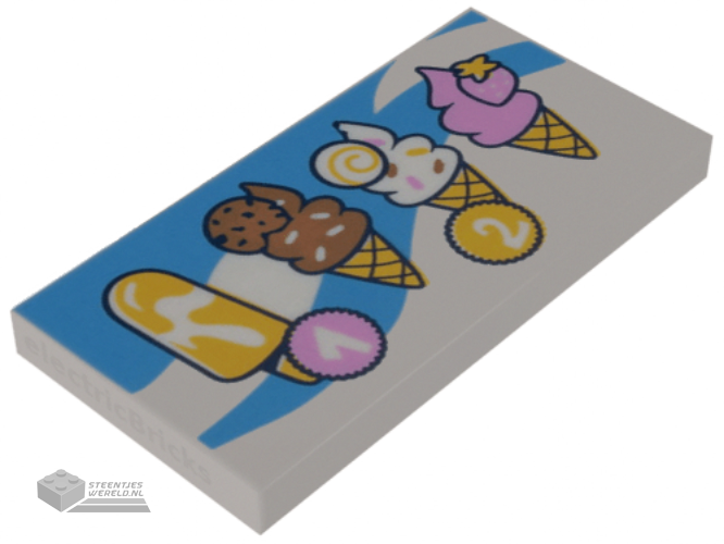 87079pb1161 – Tile 2 x 4 with Menu with Popsicle, 3 Ice Cream Cones, and Circles with Numbers 1 and 2 on Dark Azure Background with Swirls Pattern