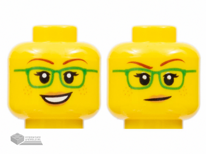 3626cpb2377 – Minifigure, Head Dual Sided Female Green Glasses, Smile / Closed Mouth Pattern – Hollow Stud