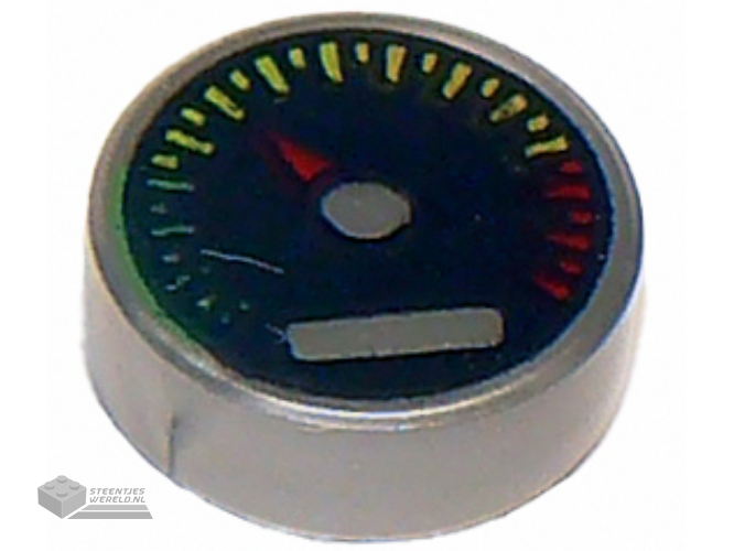 98138pb010 – Tile, Round 1 x 1 with Black Gauge with Red Pointer and Green, Yellow, and Red Tick Marks Pattern