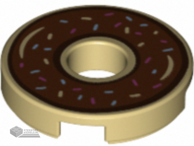 15535pb06 – Tile, Round 2 x 2 with Hole with Donut / Doughnut with Reddish Brown Chocolate Frosting and Sprinkles Pattern