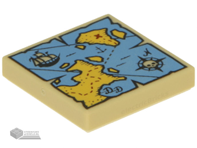 3068bpb0929 – Tile 2 x 2 with Groove with Map Blue Water, Yellow Land, Compass, Pirate Ship and Red 'X' Pattern