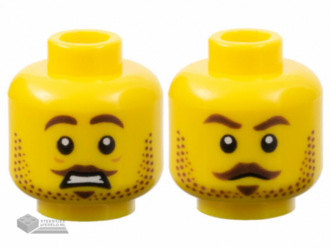 3626cpb3214 – Minifigure, Head Dual Sided Male Dark Brown Eyebrows, Moustache, Soul Patch, and Beard Stubble, Worried Open Mouth with Teeth / Stern Pattern – Hollow Stud