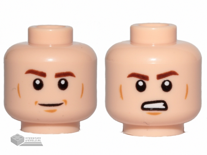 3626cpb2108 – Minifigure, Head Dual Sided Brown Eyebrows, Cheek Lines, Chin Dimple, Smile / Angry Pattern – Hollow Stud