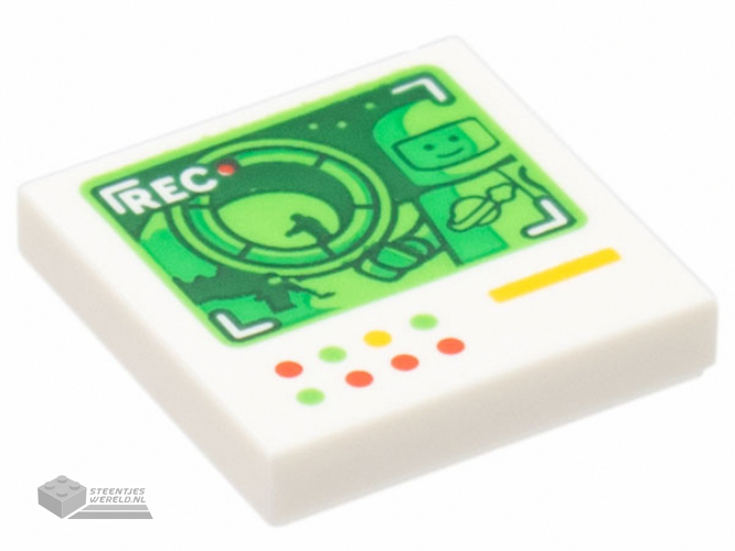 3068bpb2029 – Tile 2 x 2 with Groove with Dark Green Screen with 'REC' and Classic Space Minifigure, and Red, Bright Green and Yellow Lights and Line Pattern