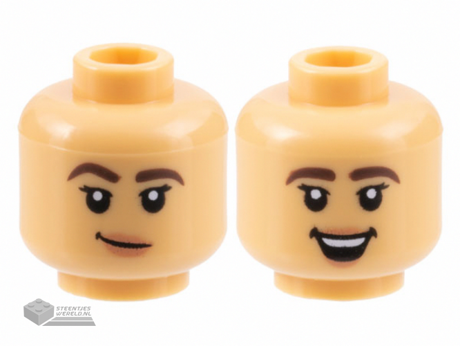 3626cpb3171 – Minifigure, Head Dual Sided Female Dark Brown Eyebrows Thick, Black Eyelashes, Nougat Lips, Lopsided Grin / Open Mouth Smile with Top Teeth Pattern – Hollow Stud