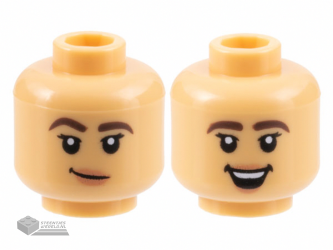 3626cpb3171 - Minifigure, Head Dual Sided Female Dark Brown Eyebrows Thick, Black Eyelashes, Nougat Lips, Lopsided Grin / Open Mouth Smile with Top Teeth Pattern - Hollow Stud