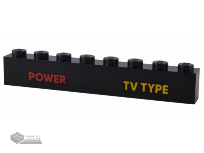 3008pb174 – Brick 1 x 8 with Red 'POWER' and Bright Light Orange 'TV TYPE' Pattern