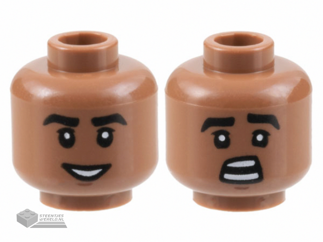 3626cpb3151 – Minifigure, Head Dual Sided Black Thick Eyebrows, Chin Dimple, Grin with Teeth / Scared Pattern – Hollow Stud