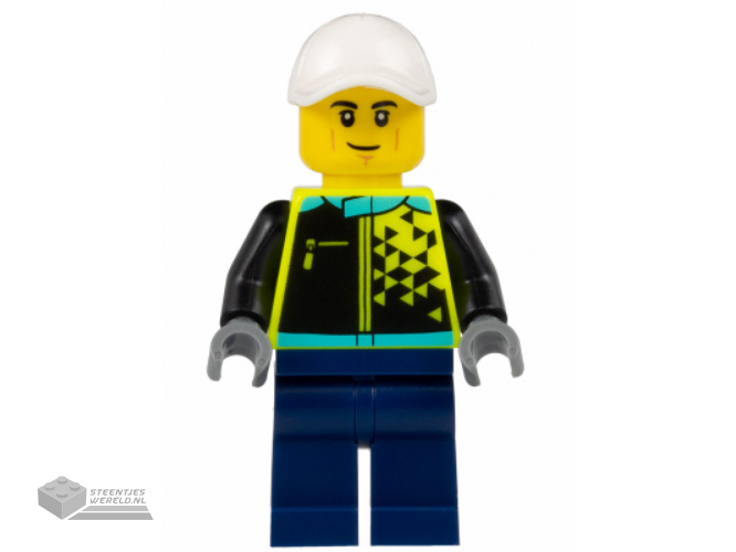 cty1524 – Sports Car Driver – Male, White Cap, Neon Yellow Jacket, Dark Blue Legs