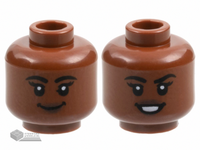 3626cpb3141 – Minifigure, Head Dual Sided Female, Black Eyebrows, Dark Brown Lips, Grin / Open Mouth Smile Pattern – Hollow Stud