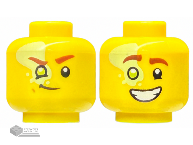 28621pb0112 – Minifigure, Head Dual Sided Reddish Brown Eyebrows, Lime Right Eye with Yellowish Green Splotch, Smirk / Open Mouth Smile with Teeth Pattern – Vented Stud