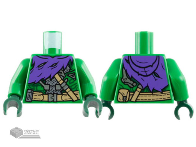 973pb5371c01 - Torso Armor Suit with Dark Green Circuitry, Dark Purple Tattered Hoodie, Dark Tan Belts and Pouch, Silver Buckles Pattern / Green Arms / Dark Green Hands