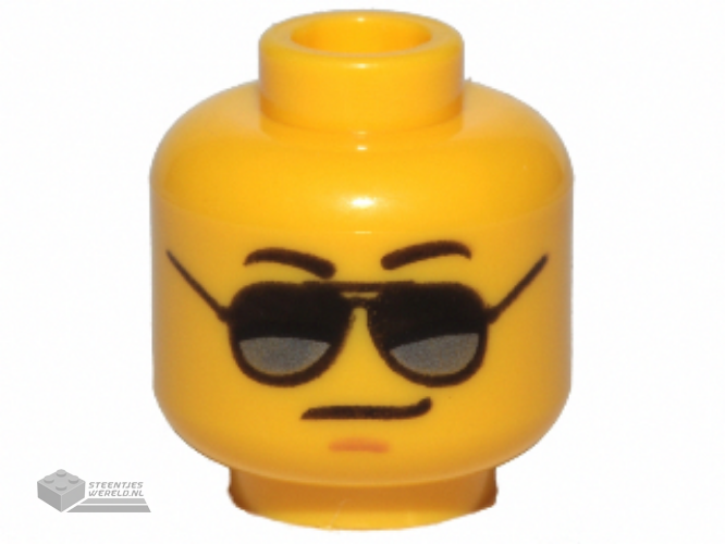 3626cpb1290 – Minifigure, Head Glasses with Black and Silver Sunglasses, Medium Nougat Chin Dimple, Smirk Pattern – Hollow Stud