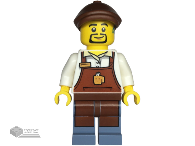 twn473 – Barista – Male, Reddish Brown Apron with Cup and Name Tag, Sand Blue Legs, Reddish Brown Flat Cap, Hearing Aid