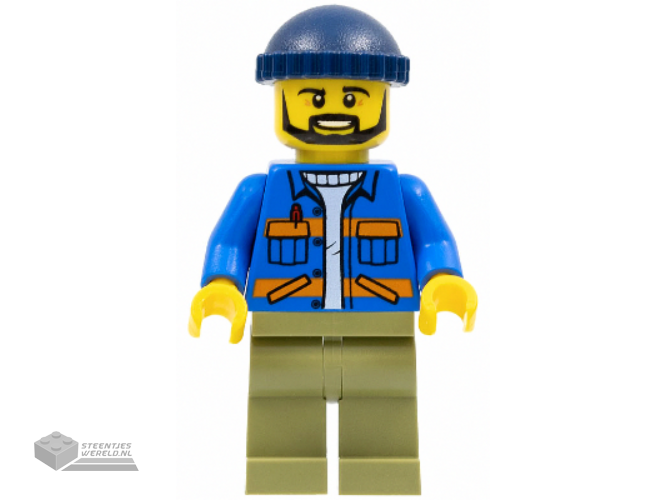 cty0996 – Dock Worker, Male, Blue Jacket with Diagonal Lower Pockets and Orange Stripes, Olive Green Legs, Dark Blue Knit Cap