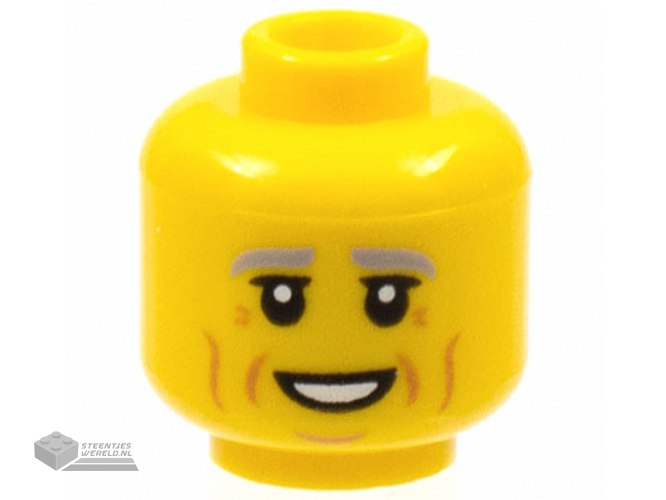 3626cpb2950 – Minifigure, Head Light Bluish Gray Eyebrows, Black Eyelids, Medium Nougat Cheek Lines, Wrinkles, and Chin Dimple, Open Mouth Smile with Teeth Pattern – Hollow Stud
