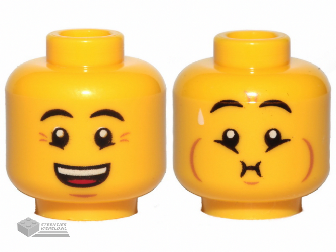 3626cpb2492 – Minifigure, Head Dual Sided Eyebrows, Crow's Feet, Open Mouth Smile / Queasy Expression with Sweat Drop Pattern – Hollow Stud