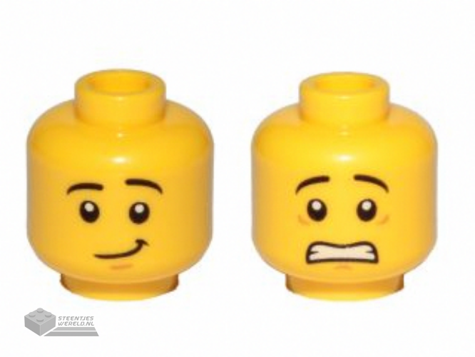 3626cpb1879 – Minifigure, Head Dual Sided Black Eyebrows, White Pupils, Scared / Lopsided Smile Pattern – Hollow Stud