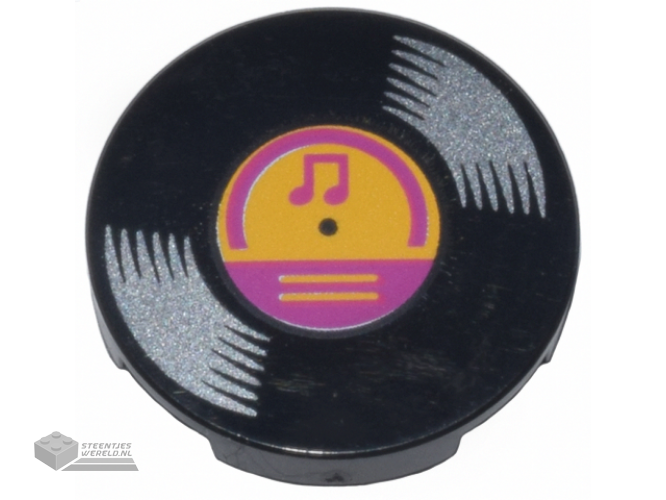 14769pb571 – Tile, Round 2 x 2 with Bottom Stud Holder with Vinyl Record with Bright Light Orange and Magenta Center and Musical Notes Pattern