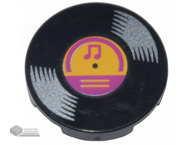 14769pb571 - Tile, Round 2 x 2 with Bottom Stud Holder with Vinyl Record with Bright Light Orange and Magenta Center and Musical Notes Pattern