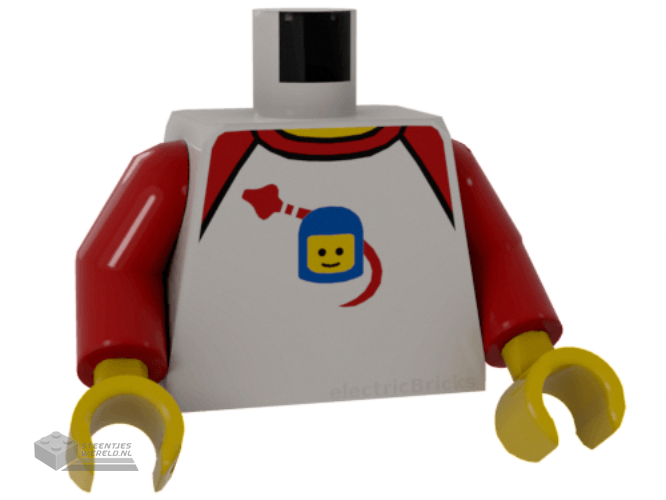 973pb2340c01 – Torso Shirt with Red Collar and Shoulders, Spaceship Orbiting Classic Space Helmet Pattern / Red Arms / Yellow Hands