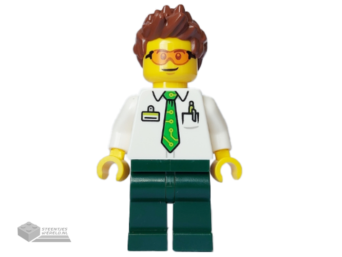 cty1650 – Electric Scooter Rider – Male, White Shirt with Bright Green Tie, Dark Green Legs, Reddish Brown Spiked Hair, Safety Glasses