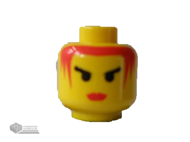 3626bpx69 - Minifigure, Head Female with Red Lips and Red Hair, Angry Black Eyebrows Pattern - Blocked Open Stud