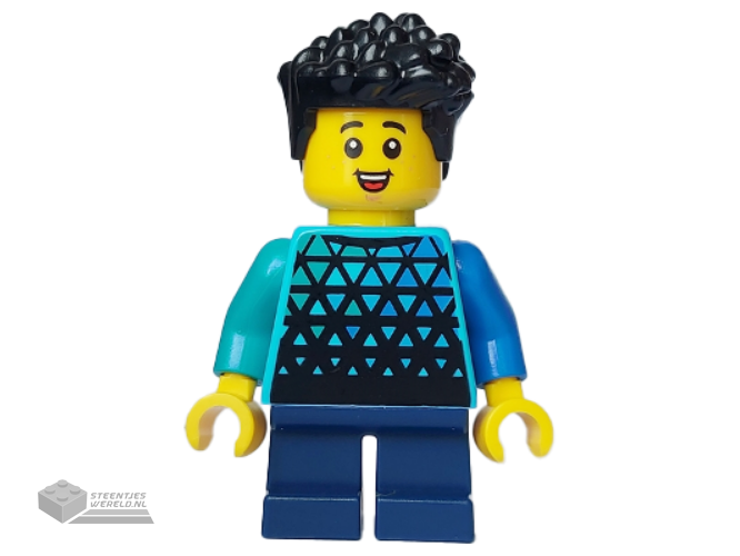 cty1655 – Child – Boy, Medium Azure Top with Triangles, Dark Blue Short Legs, Black Hair