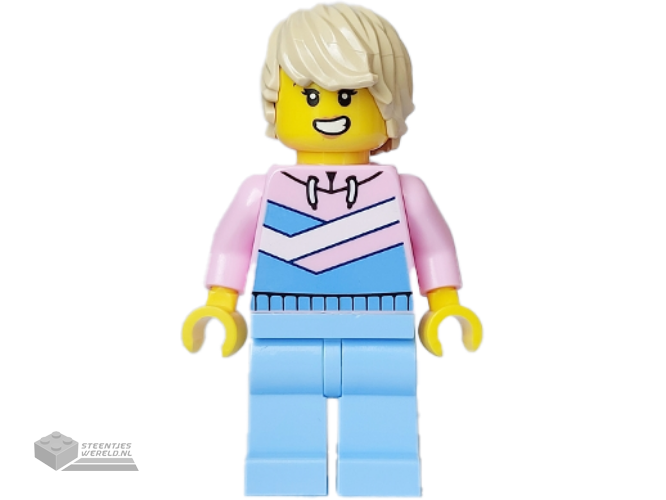 cty1642 – Tuk Tuk Driver – Female, Bright Pink Hoodie with Medium Blue and White Diagonal Stripes, Bright Light Blue Legs, Tan Tousled Hair