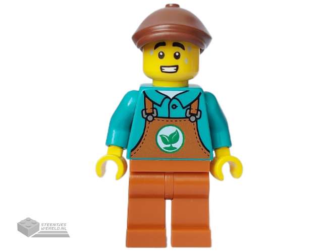 cty1651 – Sanitary Engineer – Male, Dark Turquoise Top, Dark Orange Overalls and Legs, Reddish Brown Flat Cap