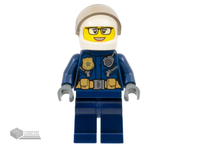 cty1363 – Police – City Motorcyclist Female, Leather Jacket with Gold Badge and Utility Belt, White Helmet, Trans-Black Visor, Glasses, and Open Mouth Smile
