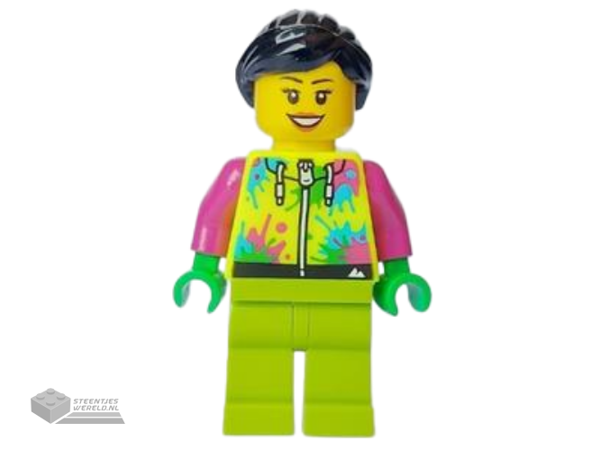 cty1631 – Mountain Bike Cyclist – Female, Neon Yellow Jacket with Paint Splotches, Lime Legs, Black Hair