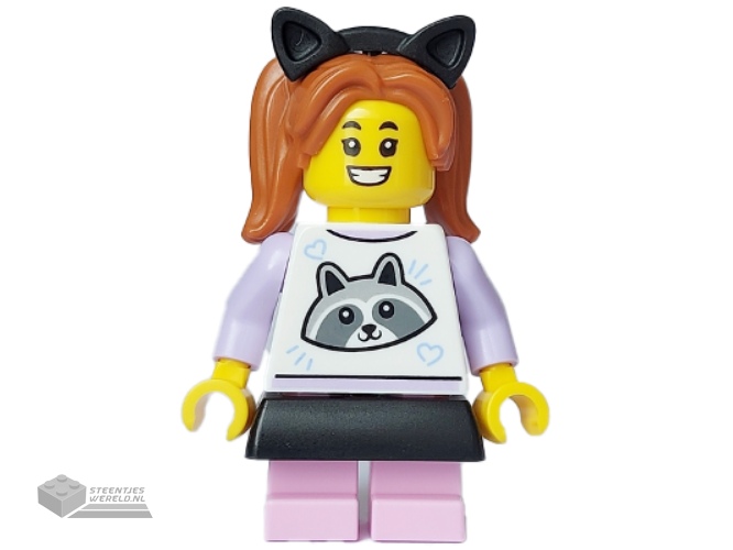 cty1643 – Child – Girl, White Top with Raccoon, Bright Pink Short Legs, Dark Orange Pigtails, Black Skirt and Cat Ears