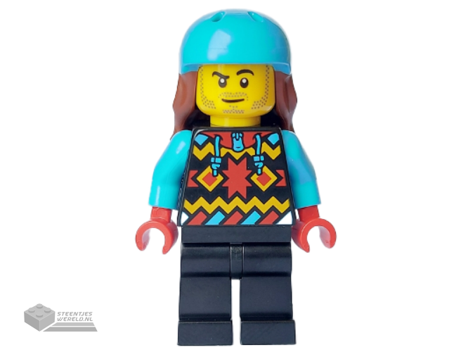 cty1633 – Snowboarder – Male, Geometric Jacket, Black Legs, Medium Azure Sports Helmet, Reddish Brown Long Hair