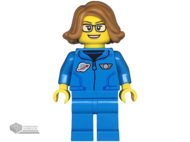 twn479 – Space Scientist – Female, Dark Azure Jumpsuit, Medium Nougat Hair, Glasses, Open Mouth Smile