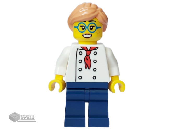cty1646 – Pizza Chef – Female, White Torso with 8 Buttons, Dark Blue Legs, Nougat Hair, Glasses