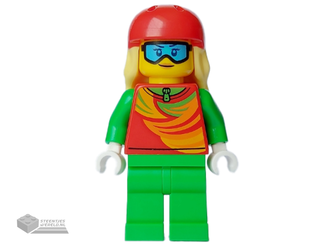cty1638 – Skier – Female, Red Top, Bright Green Legs, Red Sports Helmet, Bright Light Yellow Long Hair, Ski Goggles