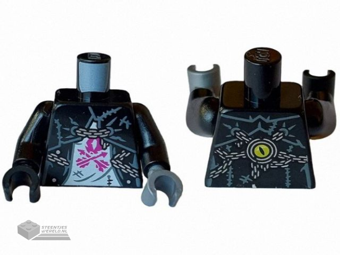 973pb5353c01 - Torso Jacket with Dark Bluish Gray Lines and Silver Chains over White Shirt with Magenta Arrows, Yellow Eye on Back Pattern / Black Arms / Flat Silver Hand Left / Black Hand Right