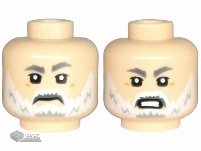 28621pb0155 - Minifigure, Head Dual Sided Dark Bluish Gray Eyebrows, Upper Eyelids, White Beard and Moustache, Frown / Angry with Bared Teeth Pattern - Vented Stud