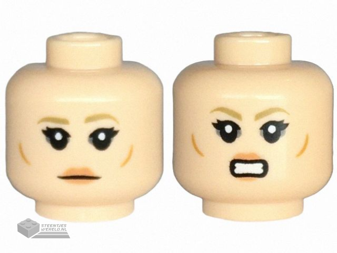 28621pb0153 - Minifigure, Head Dual Sided Female Dark Tan Eyebrows, Black Eyelashes, Nougat Lips, Small Medium Nougat Cheek Lines, Neutral / Bared Teeth Pattern - Vented Stud