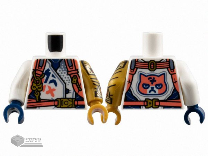973pb5226c01 - Torso Racing Jacket with Dark Blue Panels, Coral Harness Straps with Gold Buckles, Zipper, and Key on Keychain, Grumpy Cat Face on Back Pattern / Pearl Gold Arm Left with Armor Pattern / White Arm Right / Pearl Gold Hand Left / Dark Blue Hand Right