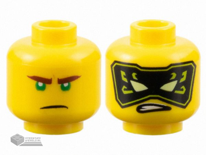 28621pb0044 - Minifigure, Head Dual Sided Reddish Brown Eyebrows, Green Eyes, Frown / Black and Lime Mask with Yellowish Green Eyes Pattern - Vented Stud