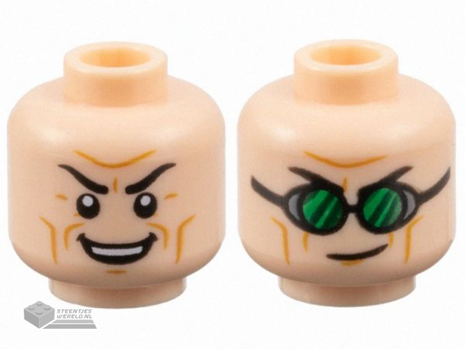 28621pb0126 - Minifigure, Head Dual Sided Black Eyebrows, Medium Nougat Cheek Lines and Wrinkles, Furrowed Brow, Open Mouth Smile with Top Teeth / Lopsided Grin, Goggles with Green Lenses Pattern - Vented Stud