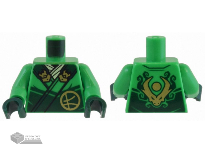 973pb5228c01 - Torso Robe Dark Green Straps, Gold Buckles, Ninjago Logogram Letter L and Dragon Head and Orb on Back Pattern / Bright Green Arms / Dark Green Hands