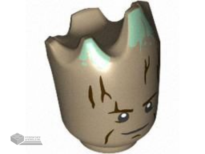 96454pb02 - Minifigure, Head, Modified Groot with Dark Brown Tree Bark, Sand Green Moss, Small Black Eyes with White Pupils, Slight Smirk Pattern