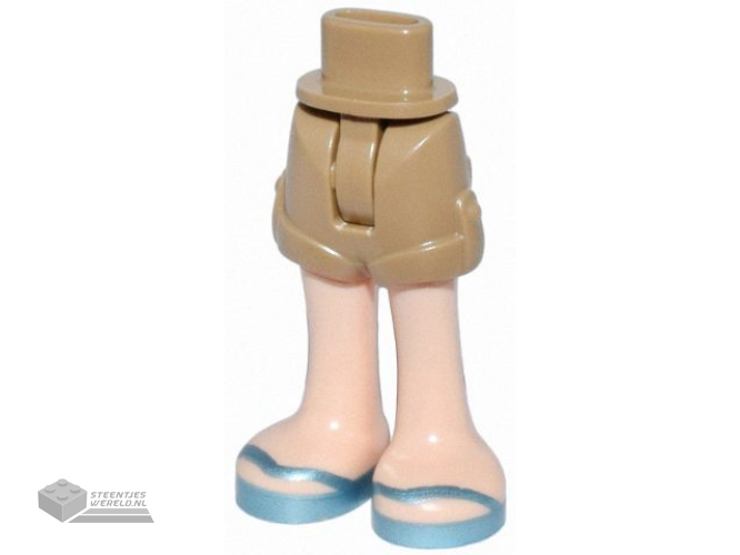 1826cc00pb008 - Mini Doll Hips and Shorts with Molded Light Nougat Legs and Printed Metallic Light Blue Sandals with V-Shaped Straps Pattern - Thin Hinge
