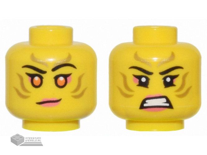 28621pb0048 – Minifigure, Head Dual Sided Female Gold Stripes Face Paint, Coral Lips and Eye Shadow, Orange Eyes, Lopsided Grin / Bared Teeth Pattern – Vented Stud