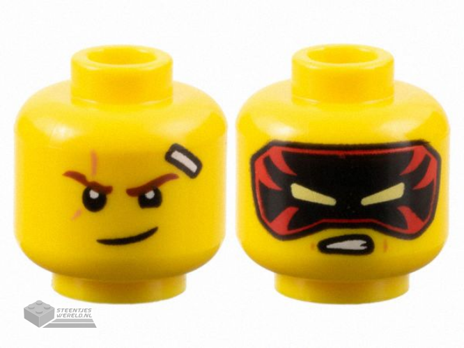28621pb0046 - Minifigure, Head Dual Sided Reddish Brown Eyebrows, Scar, Bandage, Lopsided Grin / Black and Red Mask with Bright Light Yellow Eyes, Scowl Pattern - Vented Stud
